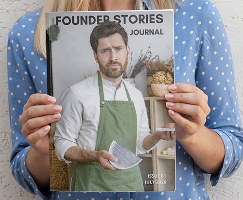 Founder Stories Journal — printed edition held in hand